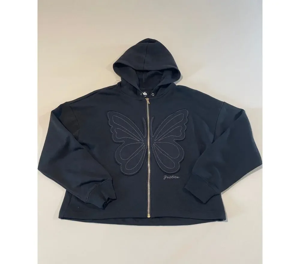 Justice Black Full‑Zip Hoodie Size XL 16/18 NWT Butterfly Detail